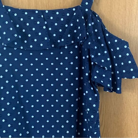J. Crew Navy/White Polka Dot Ruffled Short Sleeve Cold Shoulder - Picture 10 of 14